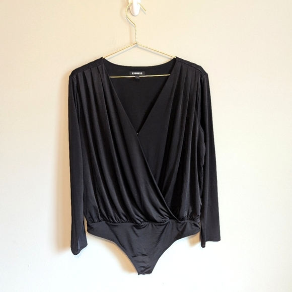 Express Black Long Sleeve Thong Style V-Neck Bodysuit, size L - Picture 1 of 7